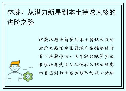 林葳：从潜力新星到本土持球大核的进阶之路