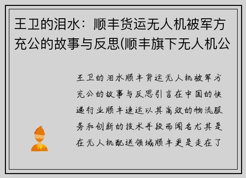 王卫的泪水：顺丰货运无人机被军方充公的故事与反思(顺丰旗下无人机公司)