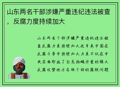 山东两名干部涉嫌严重违纪违法被查，反腐力度持续加大