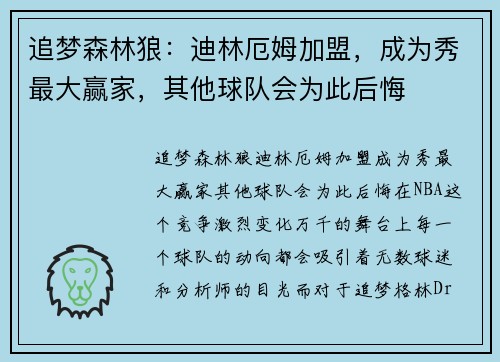 追梦森林狼：迪林厄姆加盟，成为秀最大赢家，其他球队会为此后悔