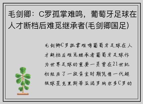 毛剑卿：C罗孤掌难鸣，葡萄牙足球在人才断档后难觅继承者(毛剑卿国足)