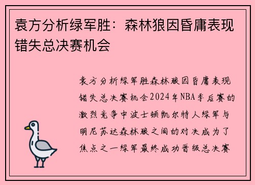 袁方分析绿军胜：森林狼因昏庸表现错失总决赛机会