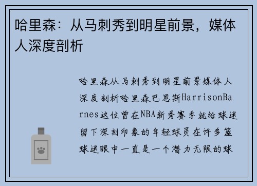 哈里森：从马刺秀到明星前景，媒体人深度剖析