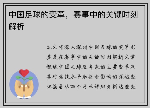 中国足球的变革，赛事中的关键时刻解析