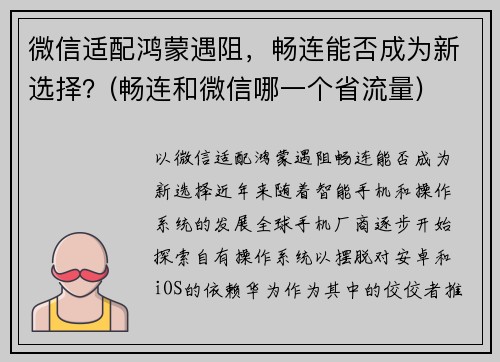 微信适配鸿蒙遇阻，畅连能否成为新选择？(畅连和微信哪一个省流量)