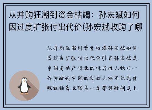 从并购狂潮到资金枯竭：孙宏斌如何因过度扩张付出代价(孙宏斌收购了哪些)